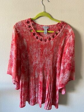 Catherines Coral Pink Floral Lace-Trim Pleated Tunic